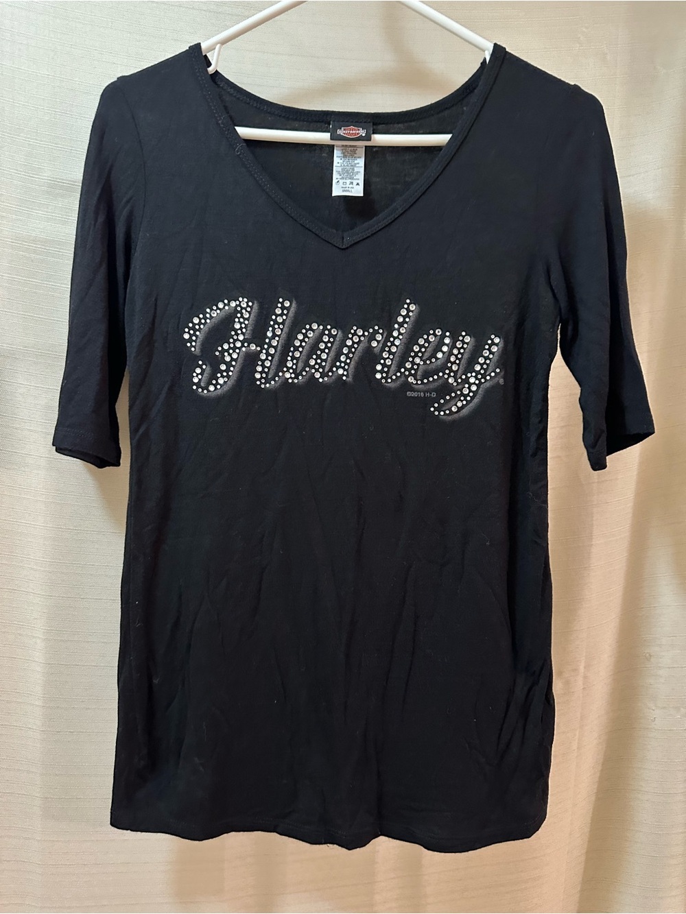Harley Davidson Rhinestone V Neck Top Black Biker Tee Women’s Small Shirt